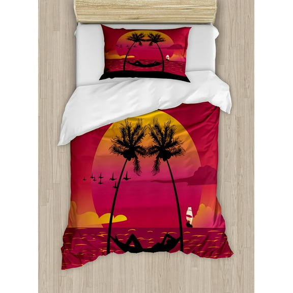 Island Twin Size Duvet Cover Set, Girl Lying Down in a Hammock Caribbean Coast Relax Vacation Sunset, Decorative 2 Piece Bedding Set with 1 Pillow Sham, Dark Coral Orange and Black, by Ambesonne