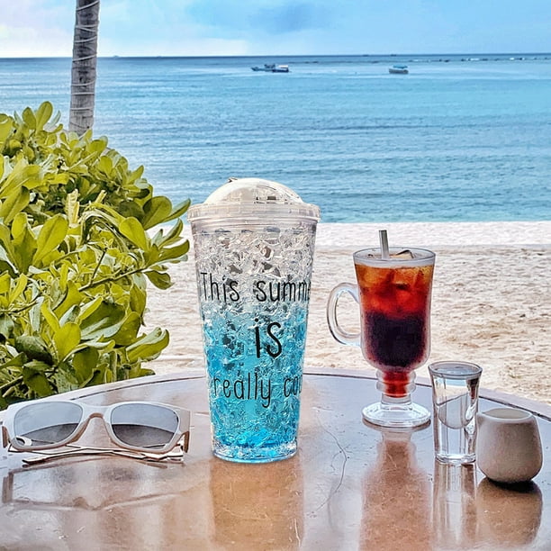 Mug con tapa deslizante, doble capa de plástico, refrigerante, congelador de hielo picado, verano, vaso con pajita, regalo elegante, gradiente, congelador de bebidas, mugs para exteriores,