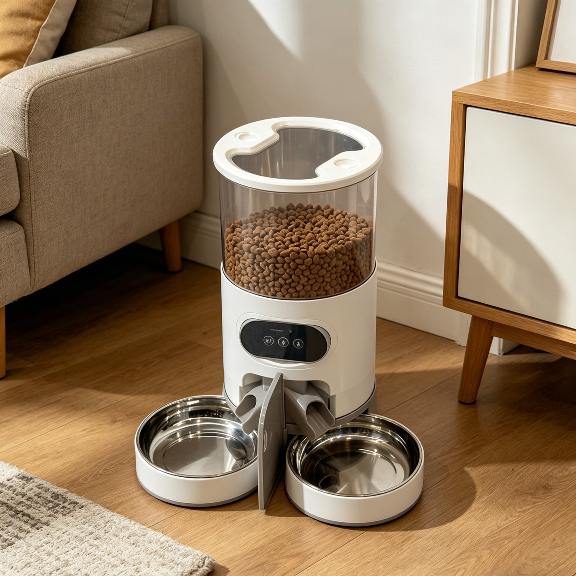 FlexiTrio Pet Feeder Cat And Dog Food Automatic Dispenser for Small And Medium-Sized Cats And Dogs Feeding Stainless Steel Double Bowl Pet Cat And Dog Feeder Easy to Clean