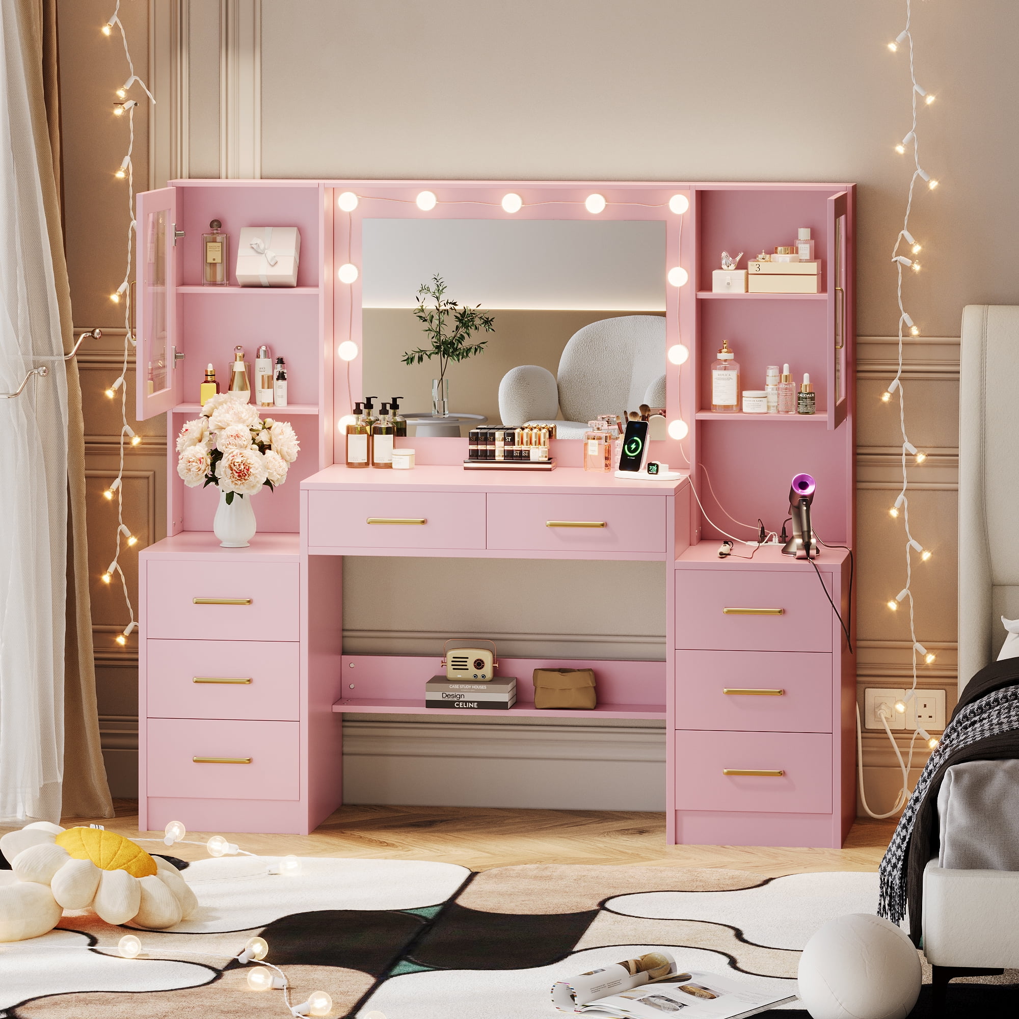 UGTOO Pink Vanity Desk with LED Lights – 8-Drawer Makeup Table, 2 Cabinets & Power Outlets (58.27"L x 15.75"W)