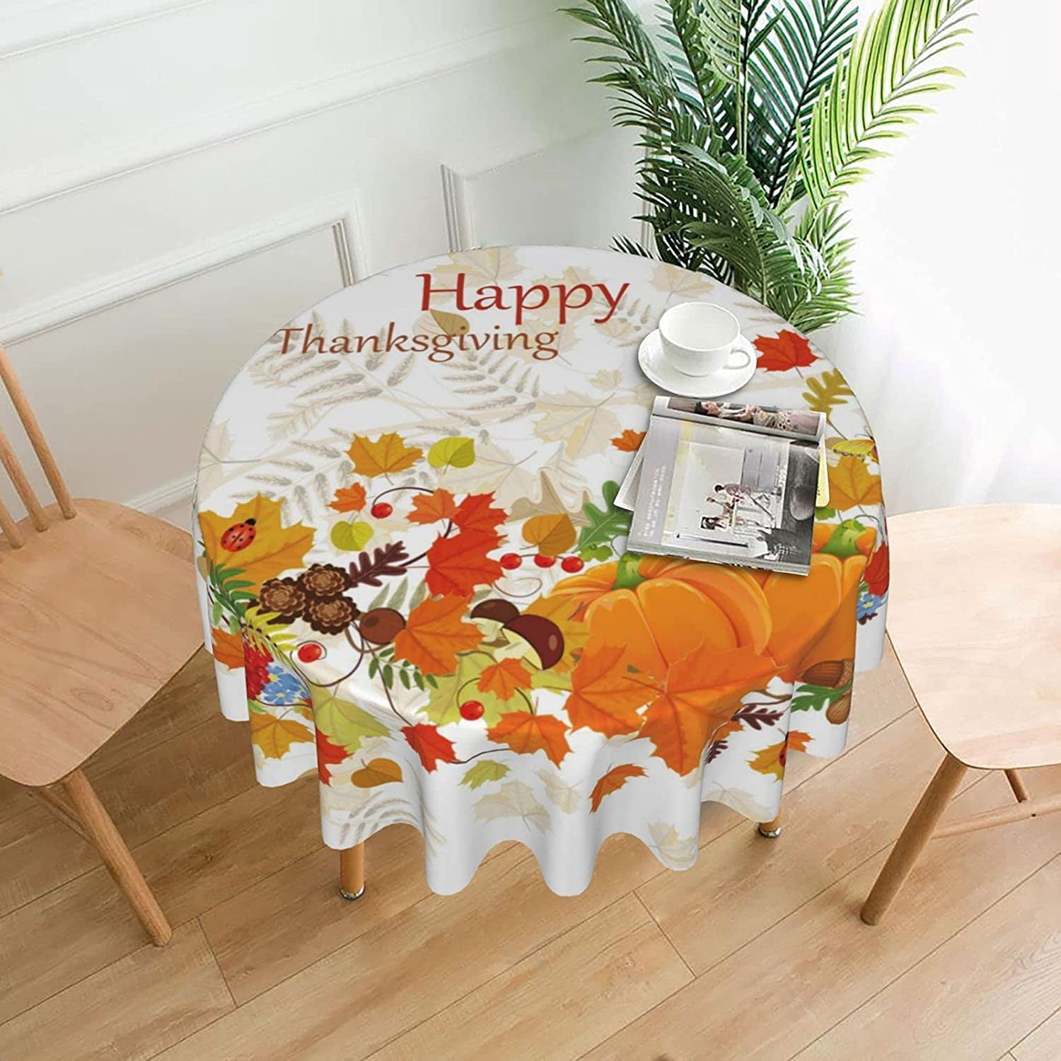 Fall Pumpkin Round Tablecloth - 60 Inch Diameter Waterproof & Heat Resistant - Mint Green With Peach Pumpkins
