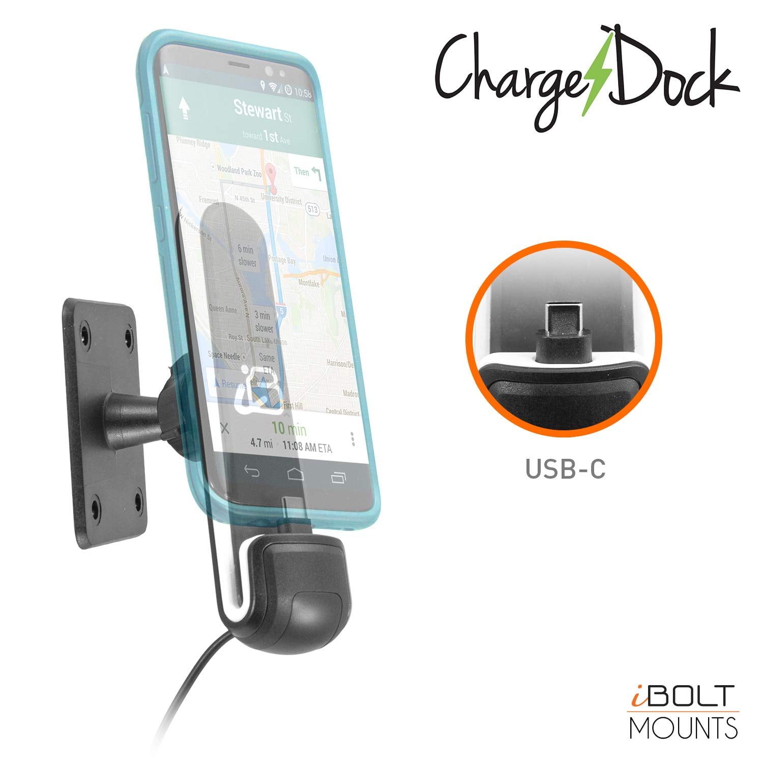 iBOLT ChargeDock USBC AMPS Ultimate Vehicle Dock/Mount/Holder w/ 2m USB Certified Type