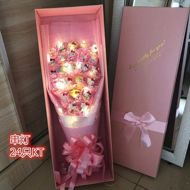 Ramo de Hello Kitty Sanrio con luz Led, My Melody Cinnamoroll Kuromi Kawaii Plushie Toys, ramo de flores de peluche, juguete de regalo de San Valentín