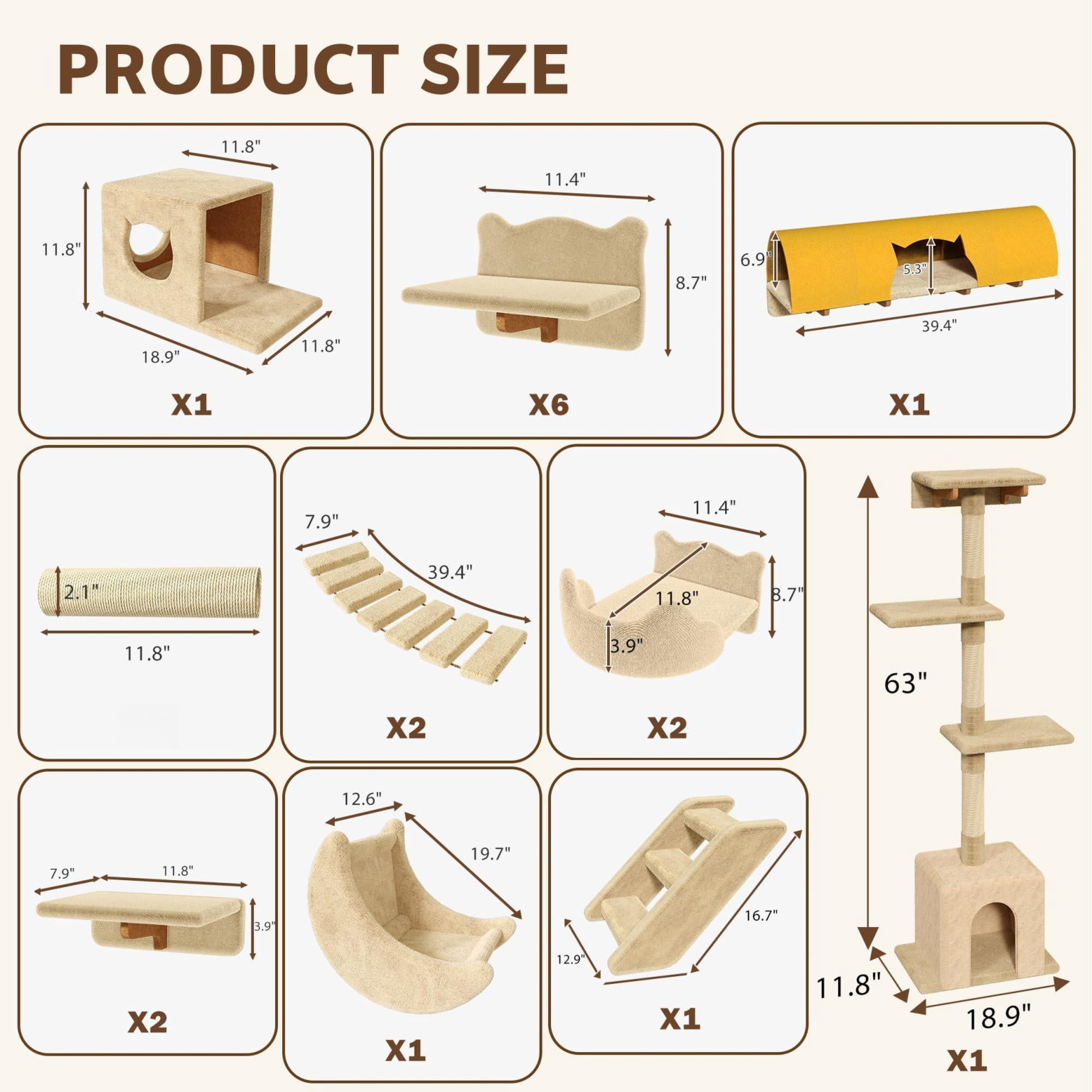 Cat Wall Shelves With Tree  26-in-1 Mounted Pet Furniture 40''l Tunnel Posts House Step And Floating Bridge Climbing Systems 63'' Cats Tower Beige