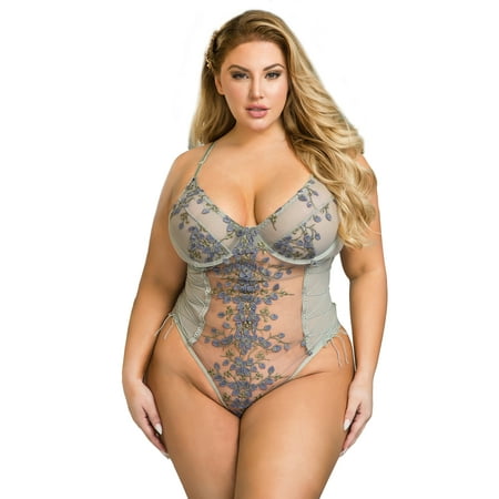 

ohyeahlady Plus Size Lingerie for Women Sexy Floral Gray Bodysuit Underwire Teddy Lingerie Snap Crotch Lace Up Top 3XL-4XL