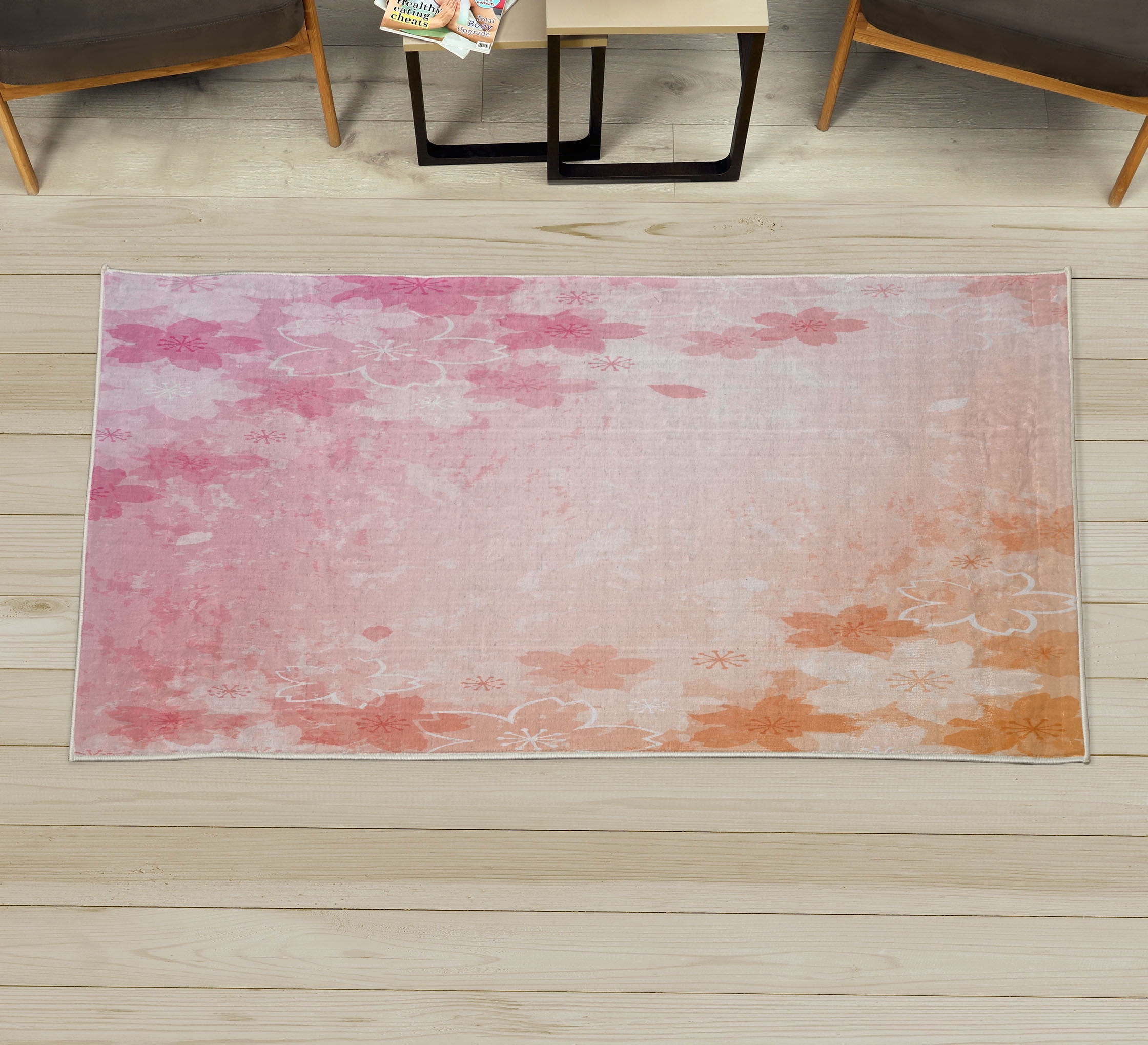 Nature Decorative Rug, Cherry Blossoms Pattern in Shabby Form Style ...