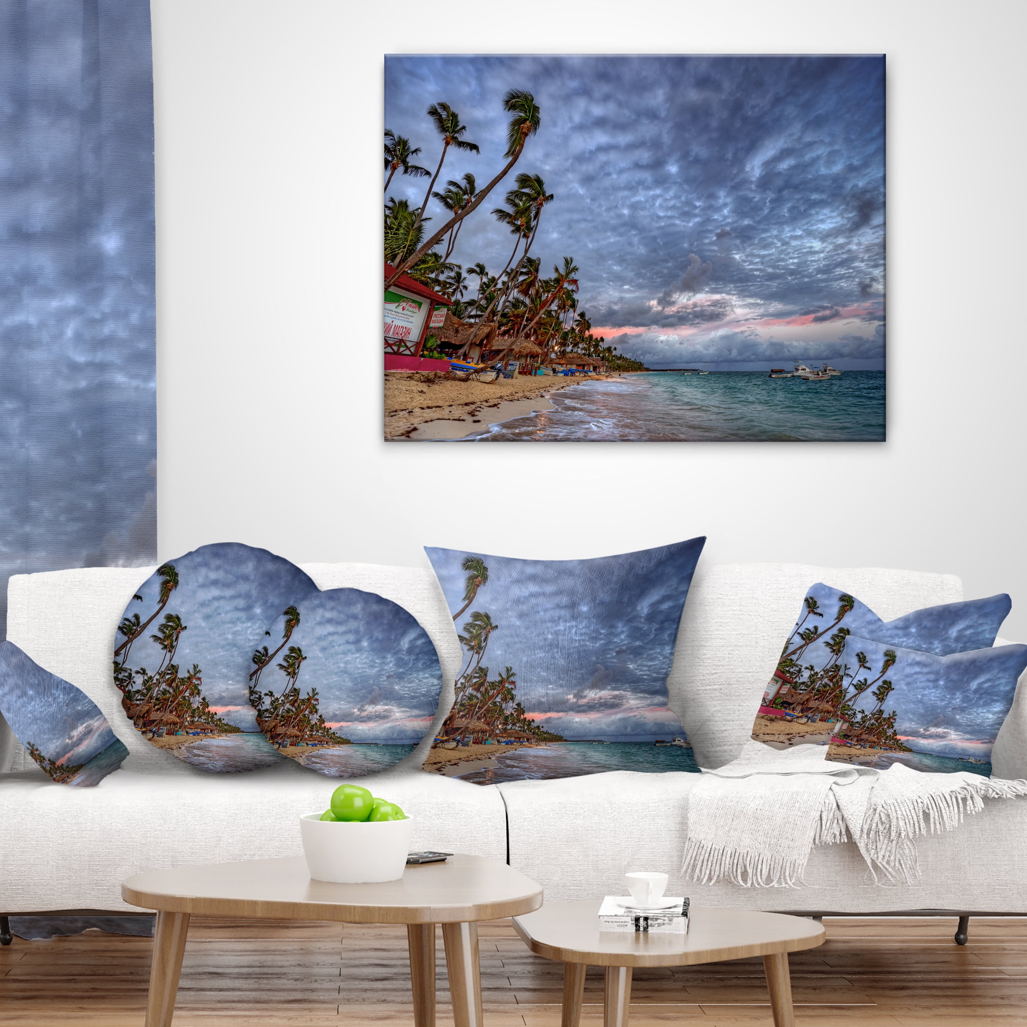 Designart Long Palm Trees Bent to Beach - Seashore Throw Pillow - 18x18