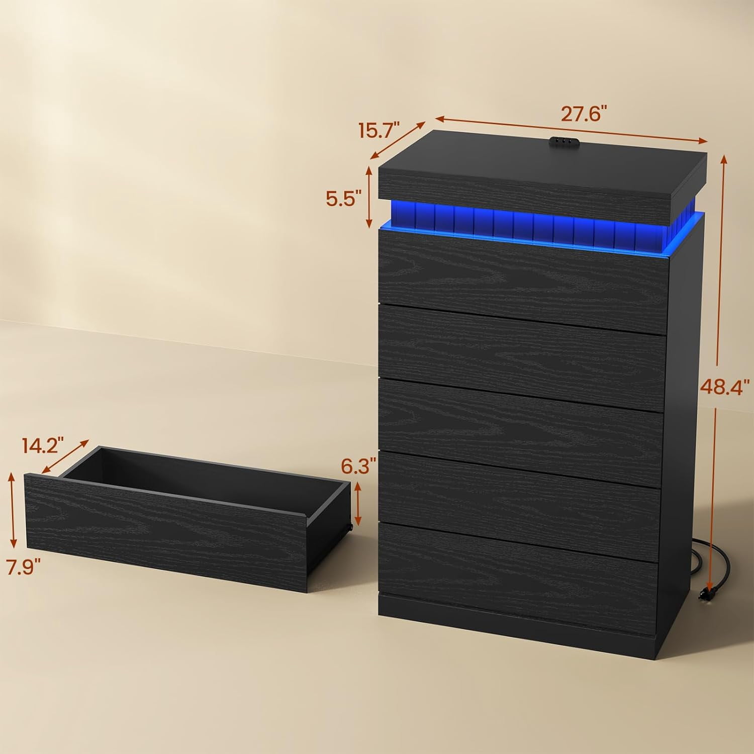 Weiplehoom Black 5 Drawer Dresser with Power Outlet & LED Lights, Modern Chest of Drawer Cabinet with Sliding Top, Floating Dressers for Bedroom, Living Room, Entryway, Hallway
