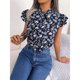 thumbnail image 4 of Top de verano para mujer, Top informal con cuello atado y manga corta con volantes, Top con estampado Floral para mujer, azul oscuro M, 4 of 8