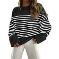 thumbnail image 2 of Women's Oversized Long Sleeve Fuzzy Knit Casual Chunky Pullover Sweater Fall Outfits Clothes Black White Stripe XL, 2 of 8