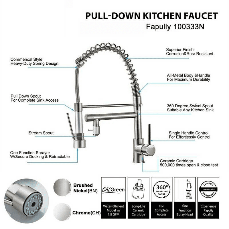 Zovajonia Pull-Down Sprayer Kitchen Faucet Sink Swivel Spout Single-Handle Mixer Tap Brushed Nickel