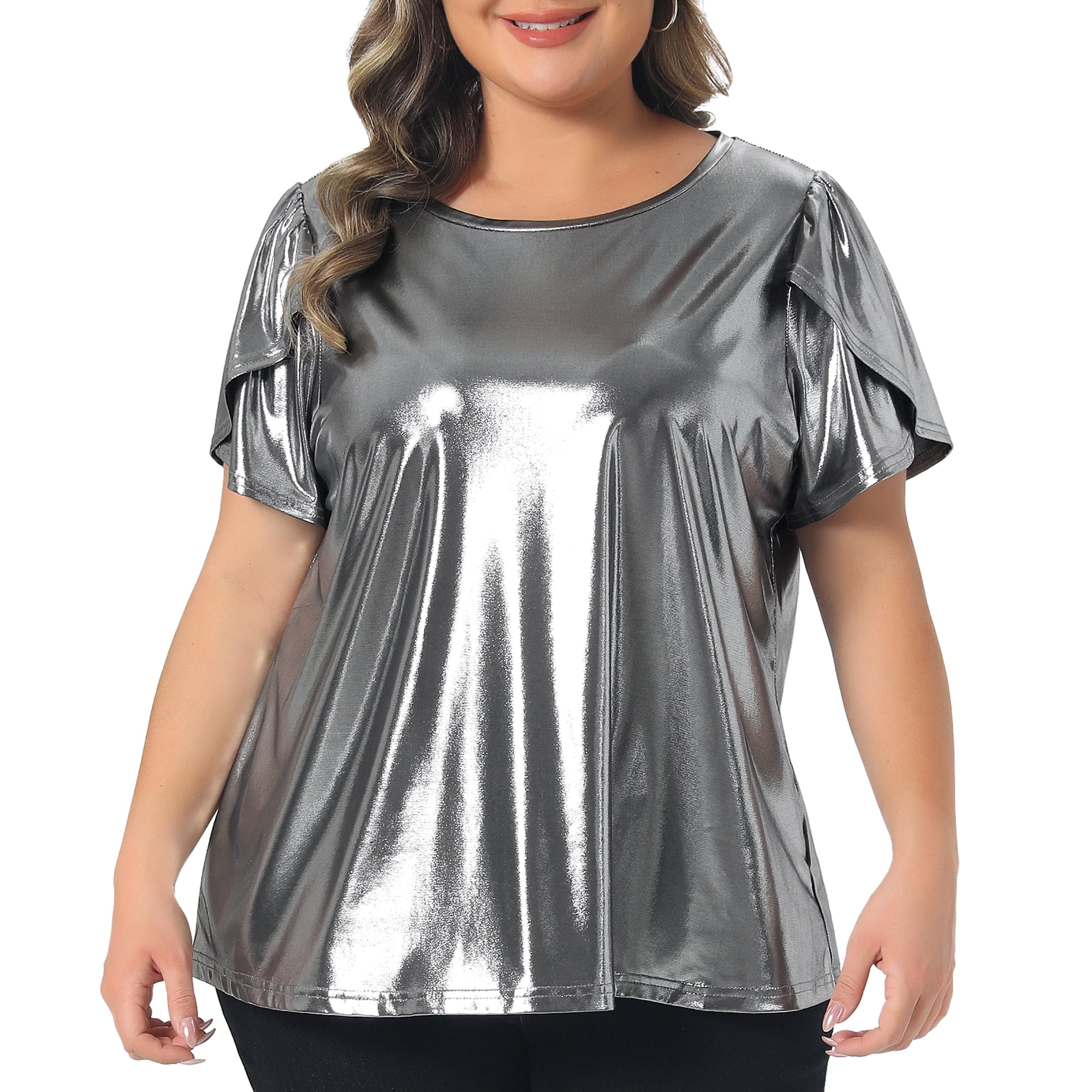 DARING DIVA Women's Plus Metallic Crew Neck Short Sleeve Tops 2X Silver