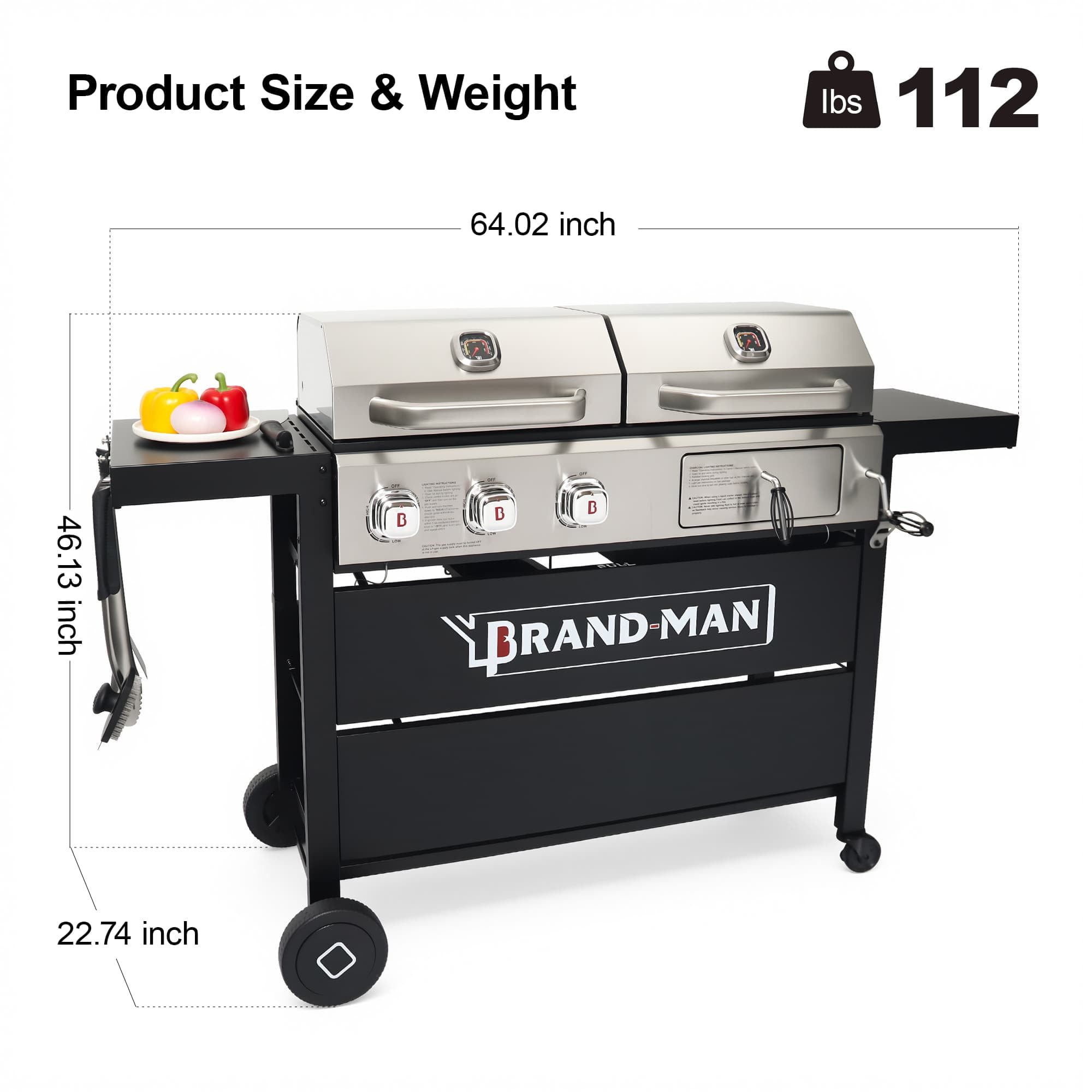 Brand Man Propane Gas & Charcoal Grill Combo with Griddle Dual Fuel BBQ Grill for Outdoor Barbecue, Sliver & Black