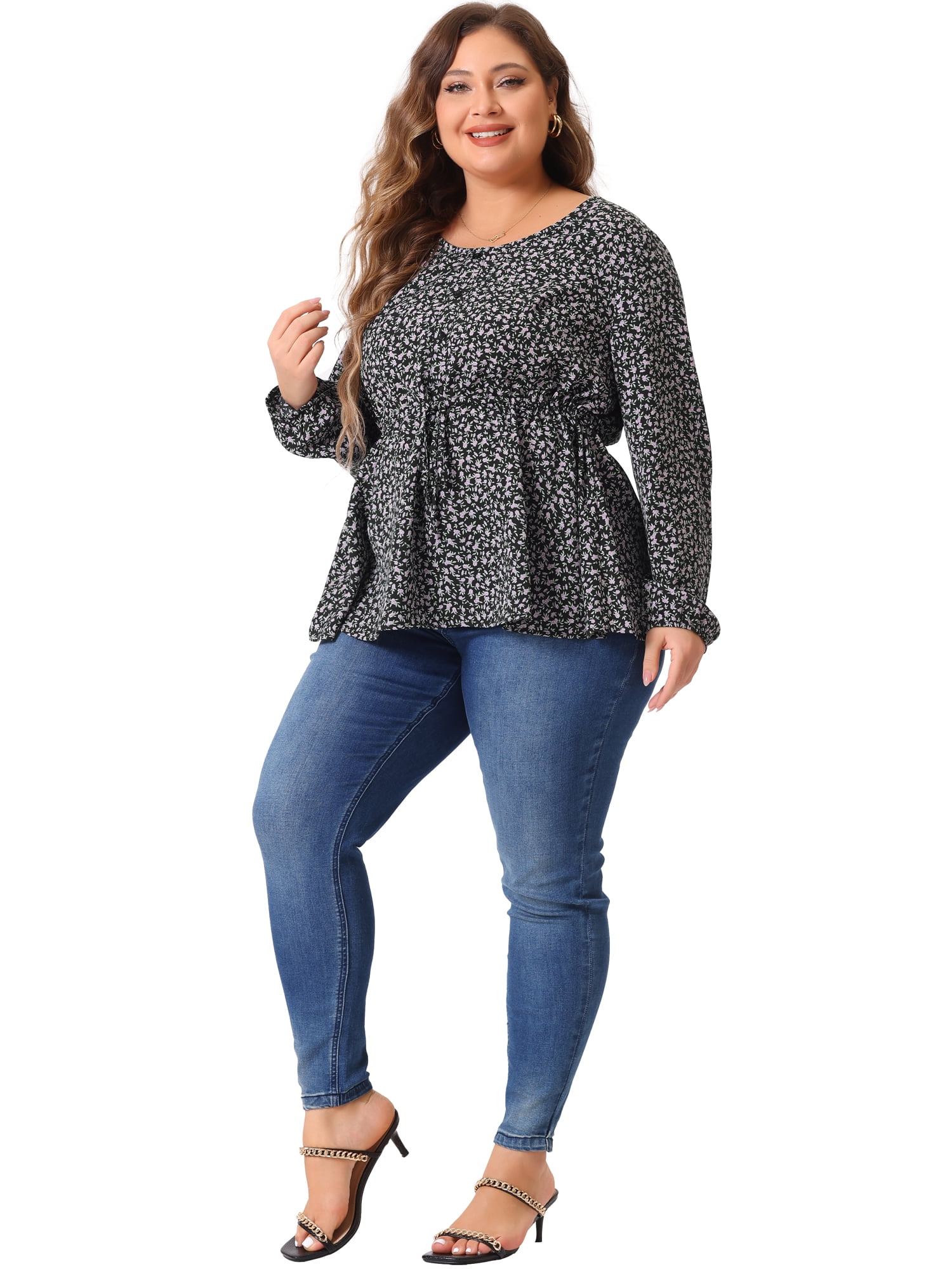 DARING DIVA Women's Plus Size Floral Print Long Sleeve Belt Tie Peplum Top 3X Purple
