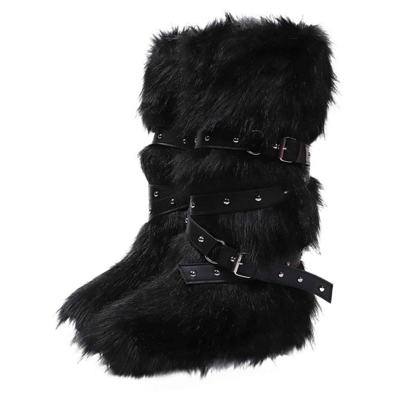 Dasayo Furry Womens Boots Winter Mid-Calf Black Comfy Buckles Fuzzy Warm Boots Ladies Shoes 36