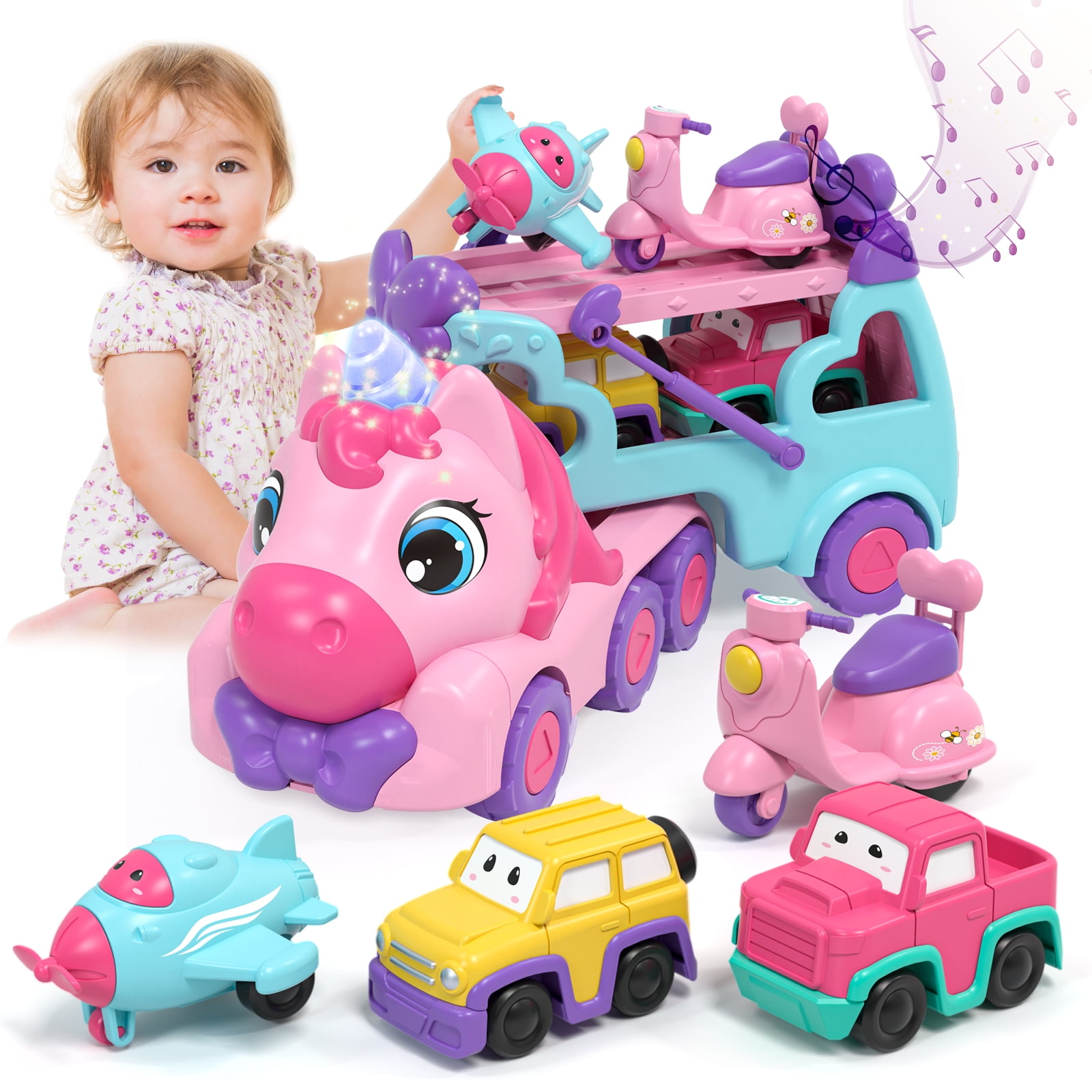Jouets pour fille de 1, 2 ou 3 ans, camion transporteur 5 en 1 pour petite fille, voitures jouets à friction avec lumière et son, 1 - Jeux - Jouets