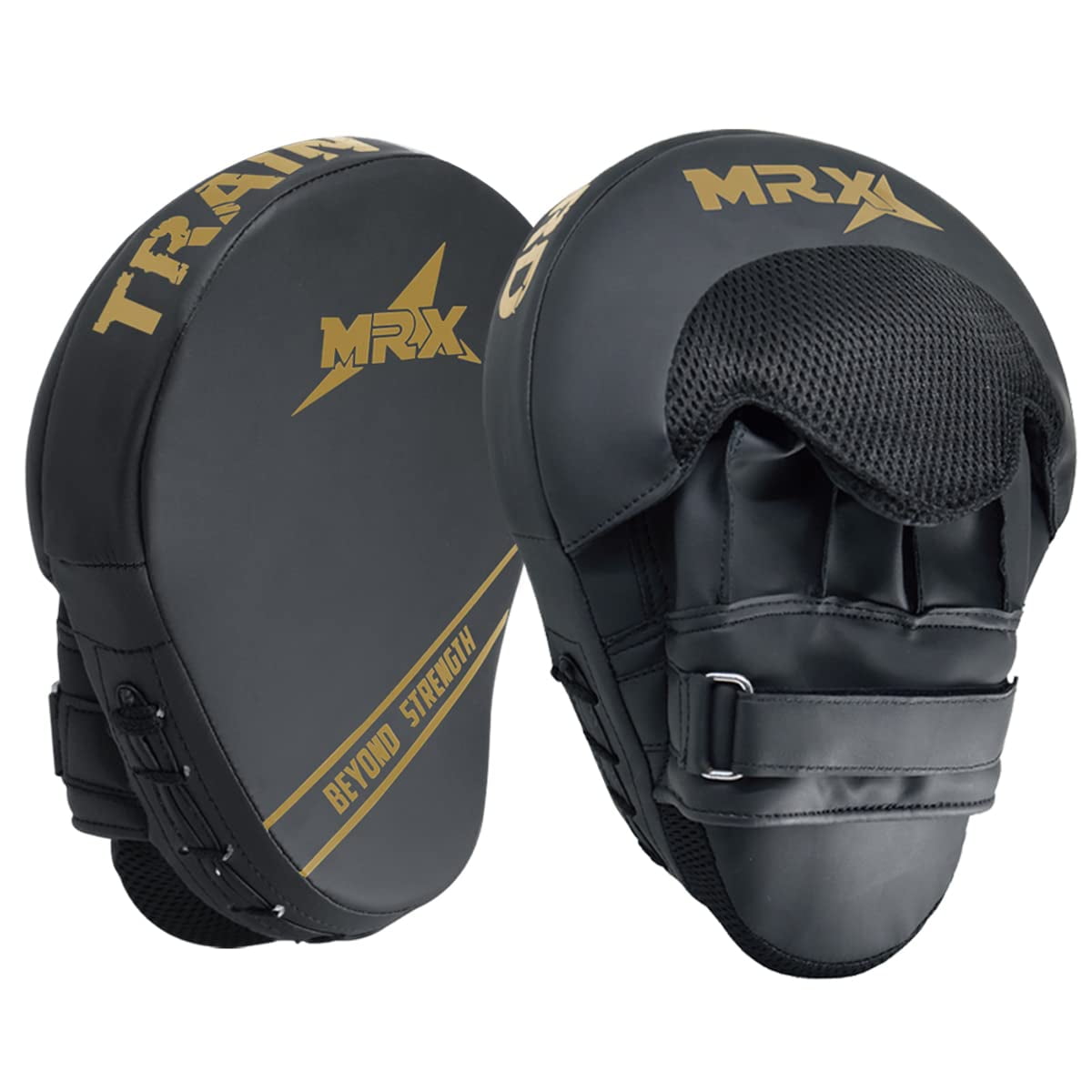 MMA Boxing Mitts, Hook and jab Training Curved Pads, Leather Berating Mesh Double Stitched MMA Muay Thai Kickboxing Martial Arts Punching Hand Target Strike Shield Black Golden Pair