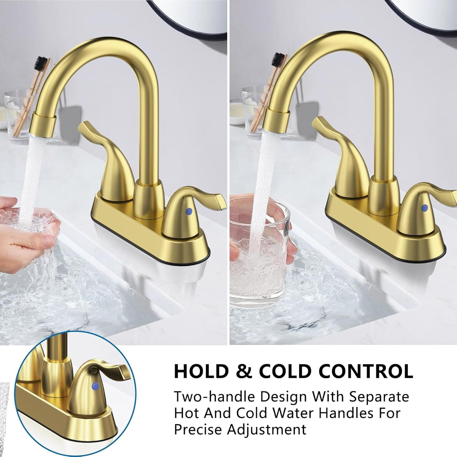 Bathroom Sink Faucet, 2 Handle Bathroom Faucet 4 Inch Centerset Bathroom Faucet 2 or 3 Hole Vanity Sink Faucet, Faucet Bathroom with Pop-up Drain and Supply Lines (Brushed Gold)