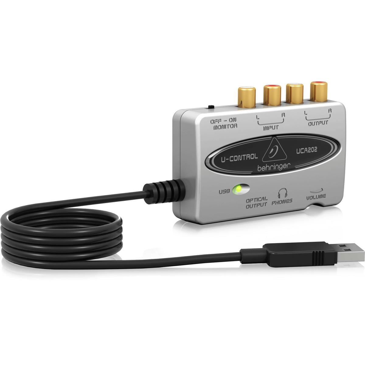 Behringer UCA202 Ultra-Low Latency 2-In/2 Out USB/Audio Interface with Digital Output Bundle WIth Studio Monitor Headphones, Hard Carry Case, RCA Male to 2 RCA Male Stereo Audio Cable 10'