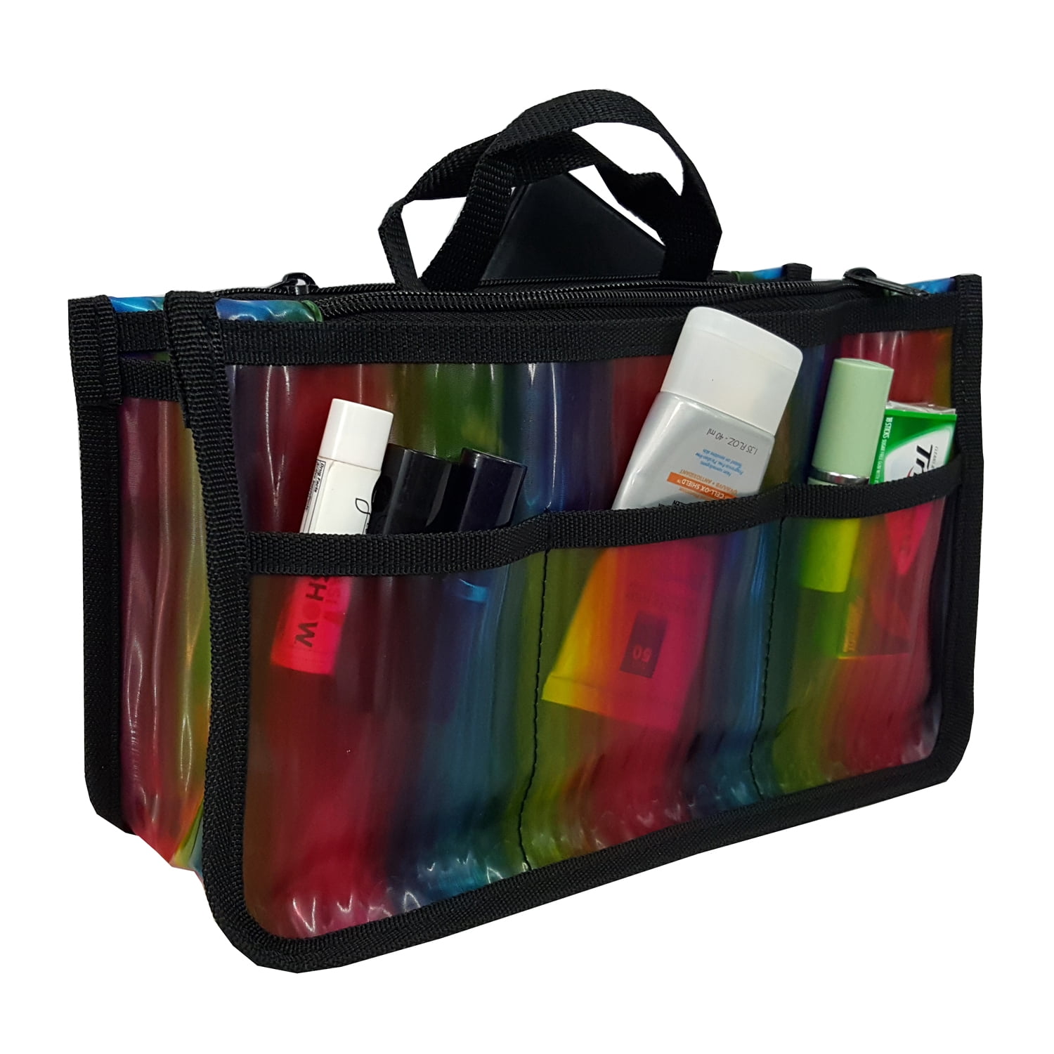 5 Pack Clear Rainbow Handbag Organizer See Through Cosmetic Badget Insert Purse Organizer Transparent Travel Pouch Liner Shaving Toiletry Bag with black handle