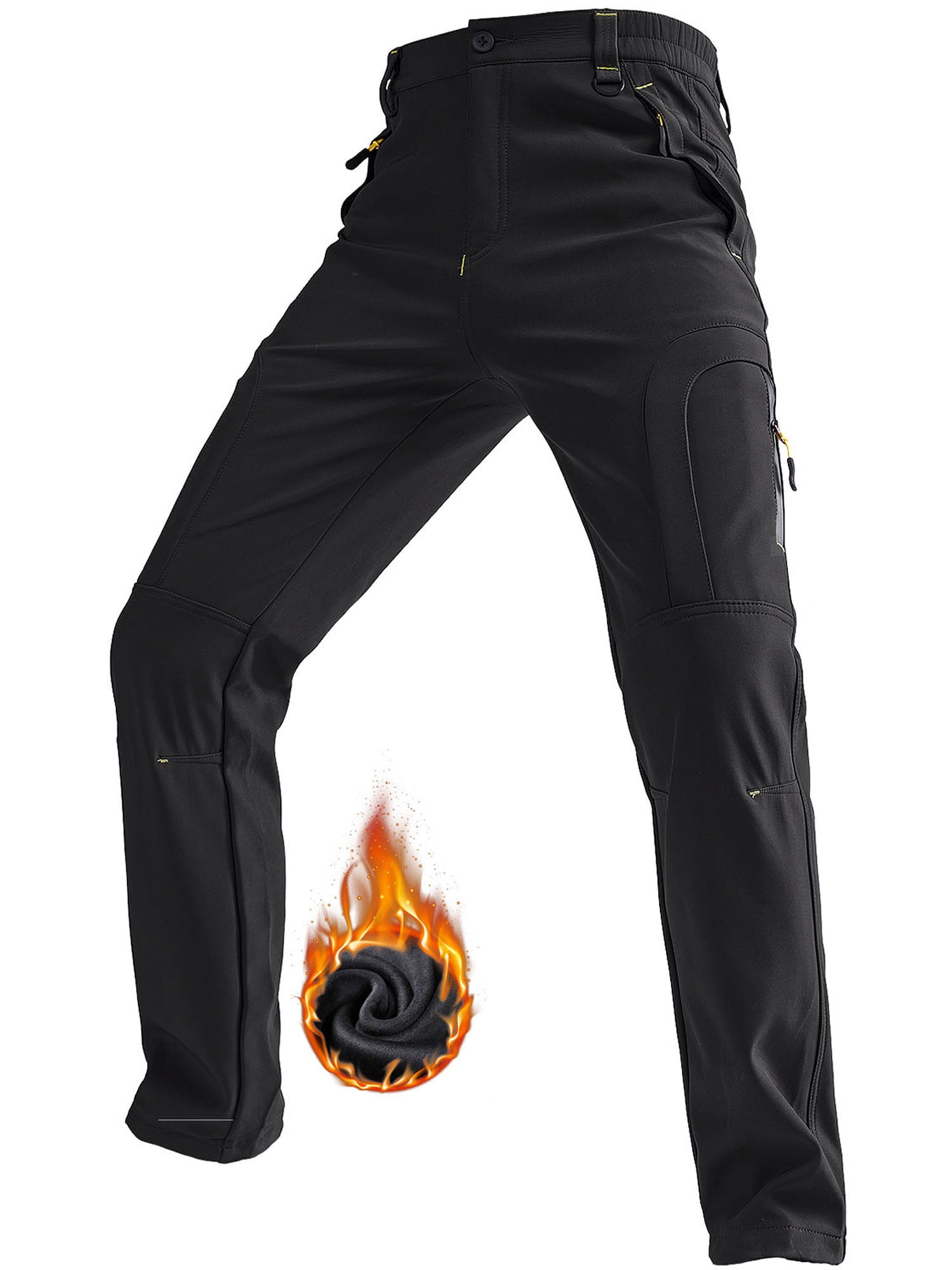 POENTAB Men's Hiking Snow Pants Winter Fleece Lined Insulated Softshell Waterproof Ski Hunting Pant Black 36