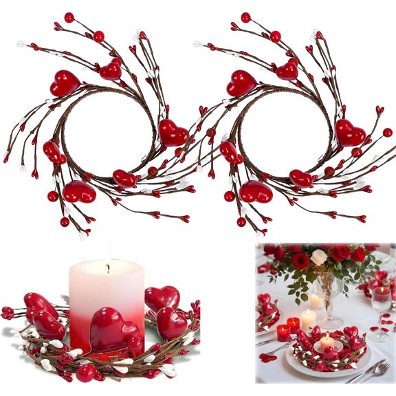 2 Pcs Red Heart Candle Holder Wreath,Valentine's Red Berry Candle Holder Ring,Red Heart Pillar Candles Holder Rings Decor,Artificial Mini Wreaths for Valentine Birthday Window Table Centerpiece