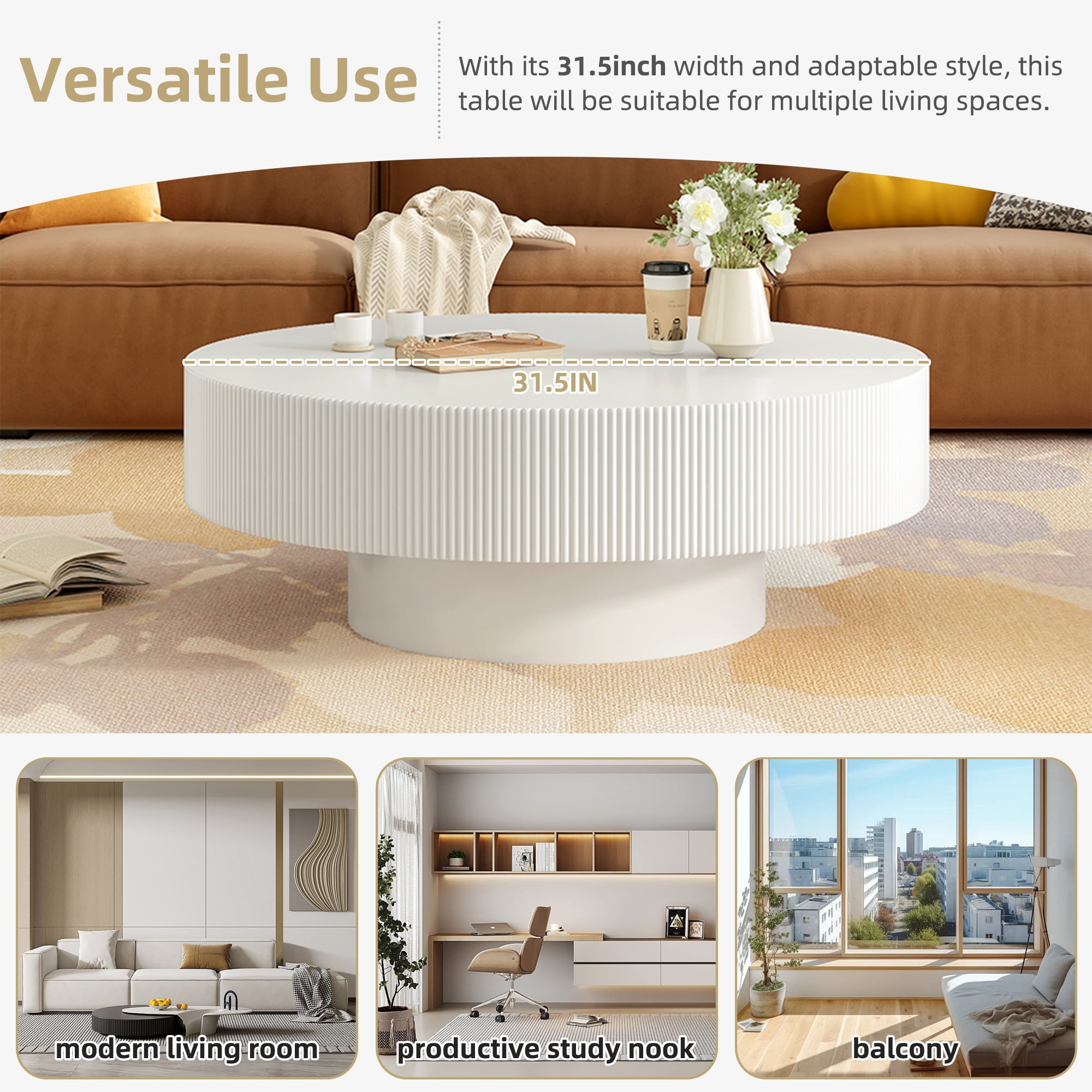 Euroco Coffee Table with 6.8" Thick Tabletop, Modern Drum End Table, Minimalist Fluted Center Table with Sturdy Base for Living Room,31.5"*31.5"*13.7"