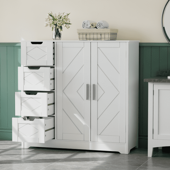 VECELO Bathroom Storage Cabinet, Floor Cabinet with 4 Drawers and Adjustable Shelf, Double Door Storage Organizer for Living Room,Bathroom, Kitchen, Entryway, White
