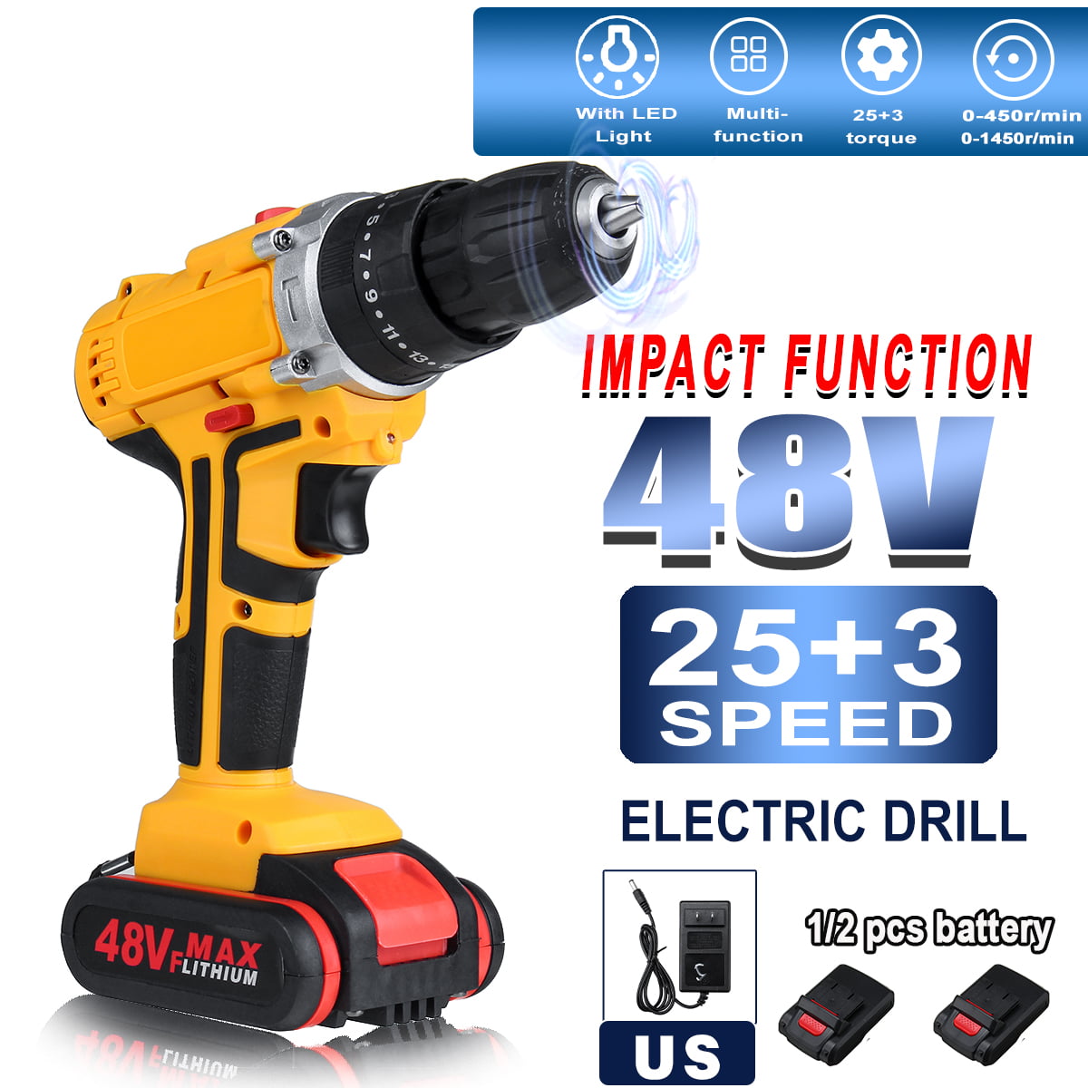 Details about   3 In 1 25 Torque 3 Spee Impact 48v Rechargeable 13000mah With 2  Battery 110v