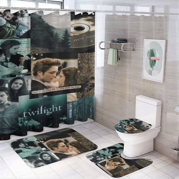 The Twilight Saga 4 Piece Shower Curtain Set with Non-Slip Rugs, Toilet Lid Cover and Bath Mat, Funny Bathroom Curtains Decor Set with Rugs and 12 Hooks, 72" x 72"