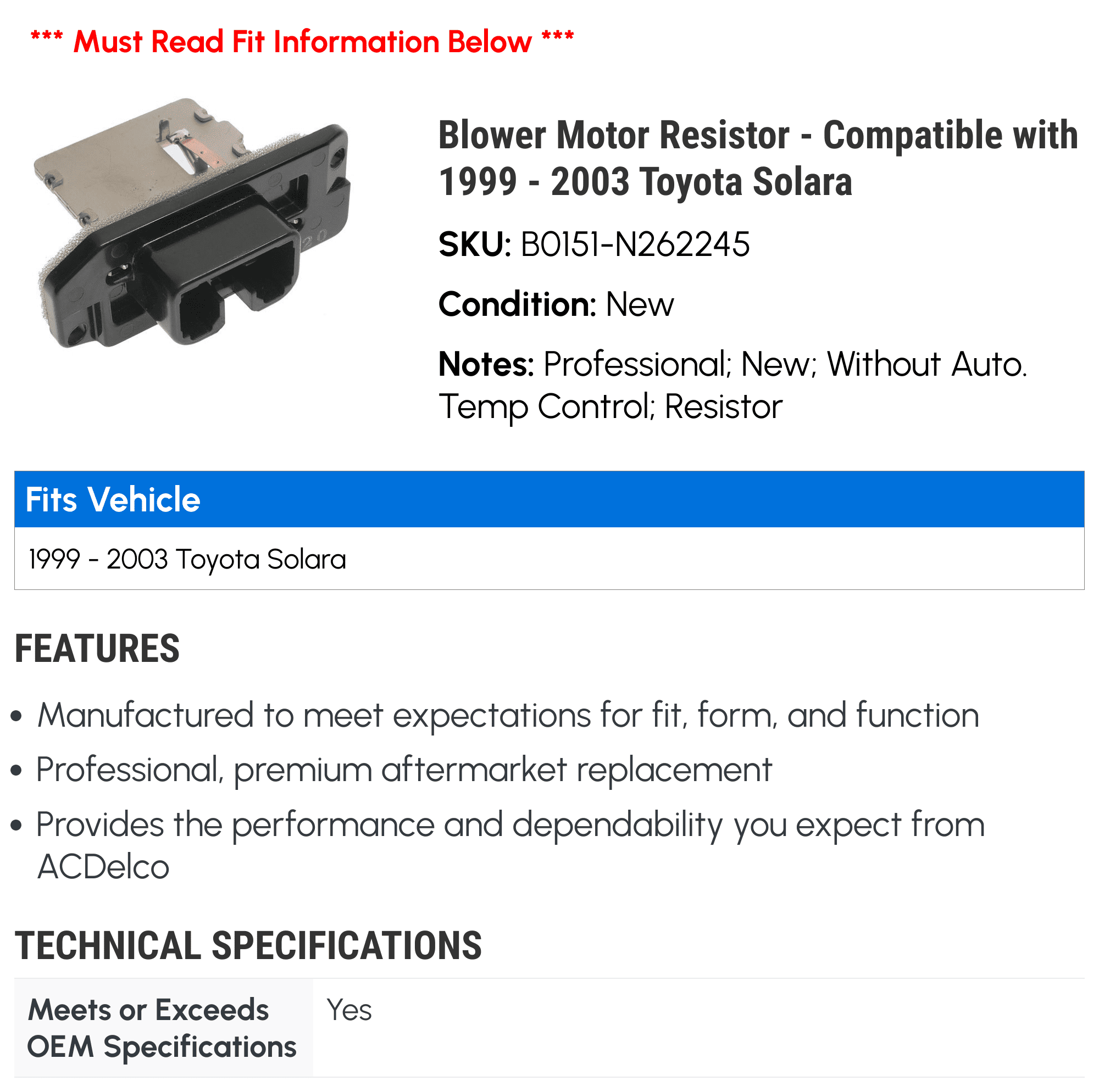 Blower Motor Resistor - Compatible with 1999 - 2003 Toyota Solara 2000 2001 2002