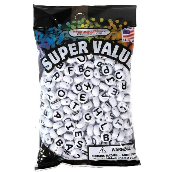 The Beadery Alphabet Beads Super Value Pack, Plastic Beads, White with Black Lettering, 1 package