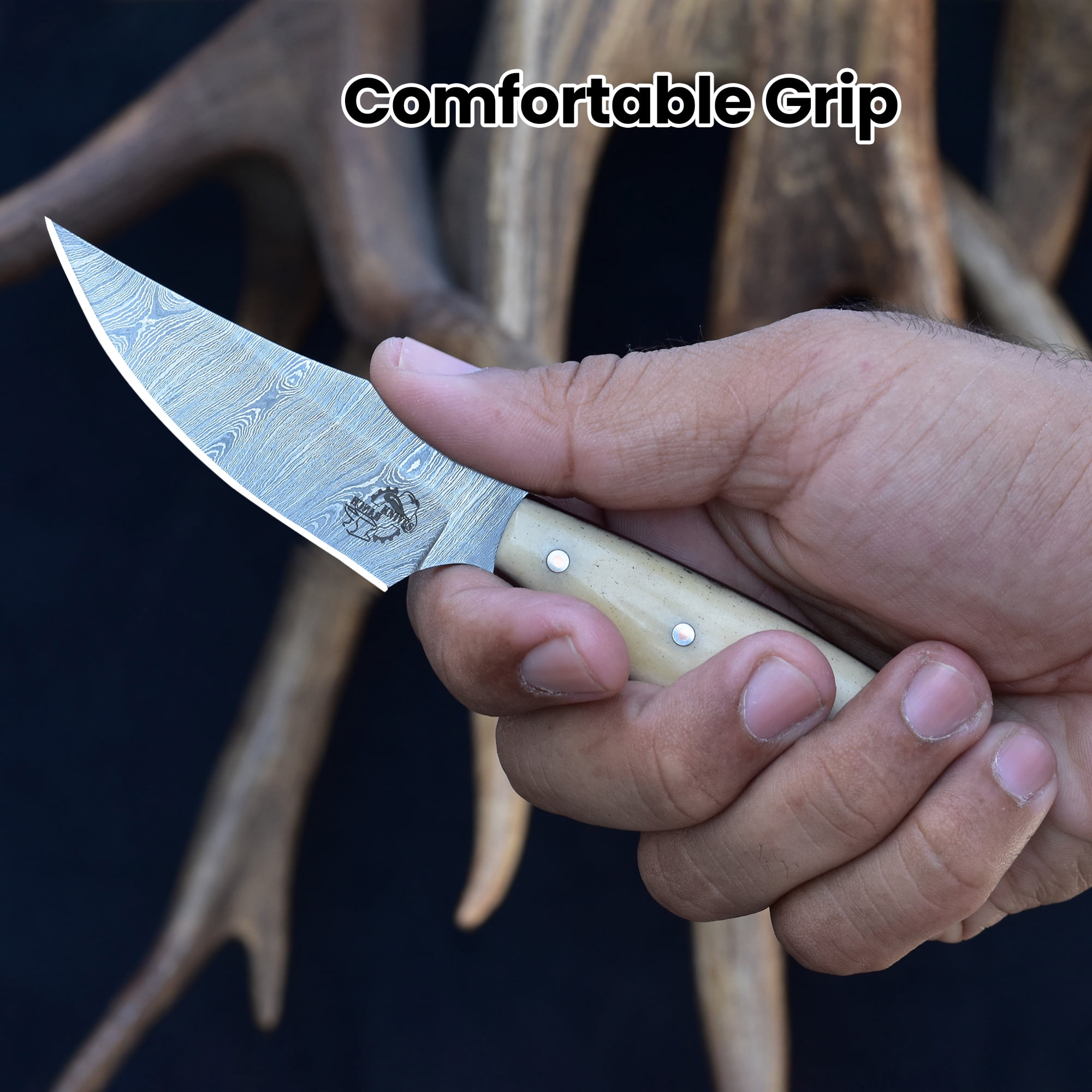 Knives Ranch Handmade EDC Fixed Blade Hunting Knife – Forged Damascus Steel – Natural Cattle Bone Handle – Horizontal Carry Sheath – Outdoor Cowboy Knife (3180-B)