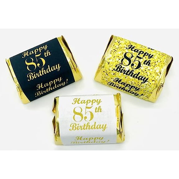 85th Birthday Nuggets Labels, Chocolate Candy Wrapper, (Set of 90) Candy Stickers; 3 Designs: 30 Gold, 30 Black, 30 White, Candy Not Included