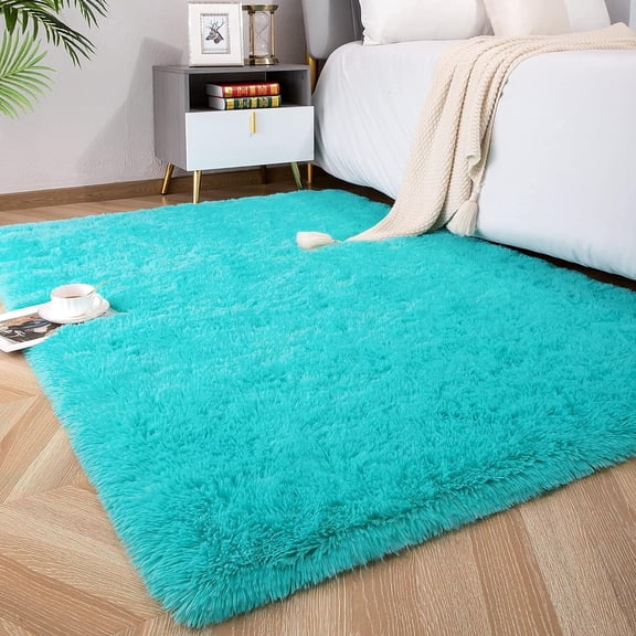 Gealach Shaggy Plush Rug, 1PC, Teal Blue, Soft Fluffy Living Room Decor