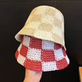 thumbnail image 4 of CoCopeaunts Straw Bucket Hat for Women Plaid Patchwork Crochet Fisherman Hat Outdoor Sun Protection Hollow Ladies Bucket Cap, 4 of 8