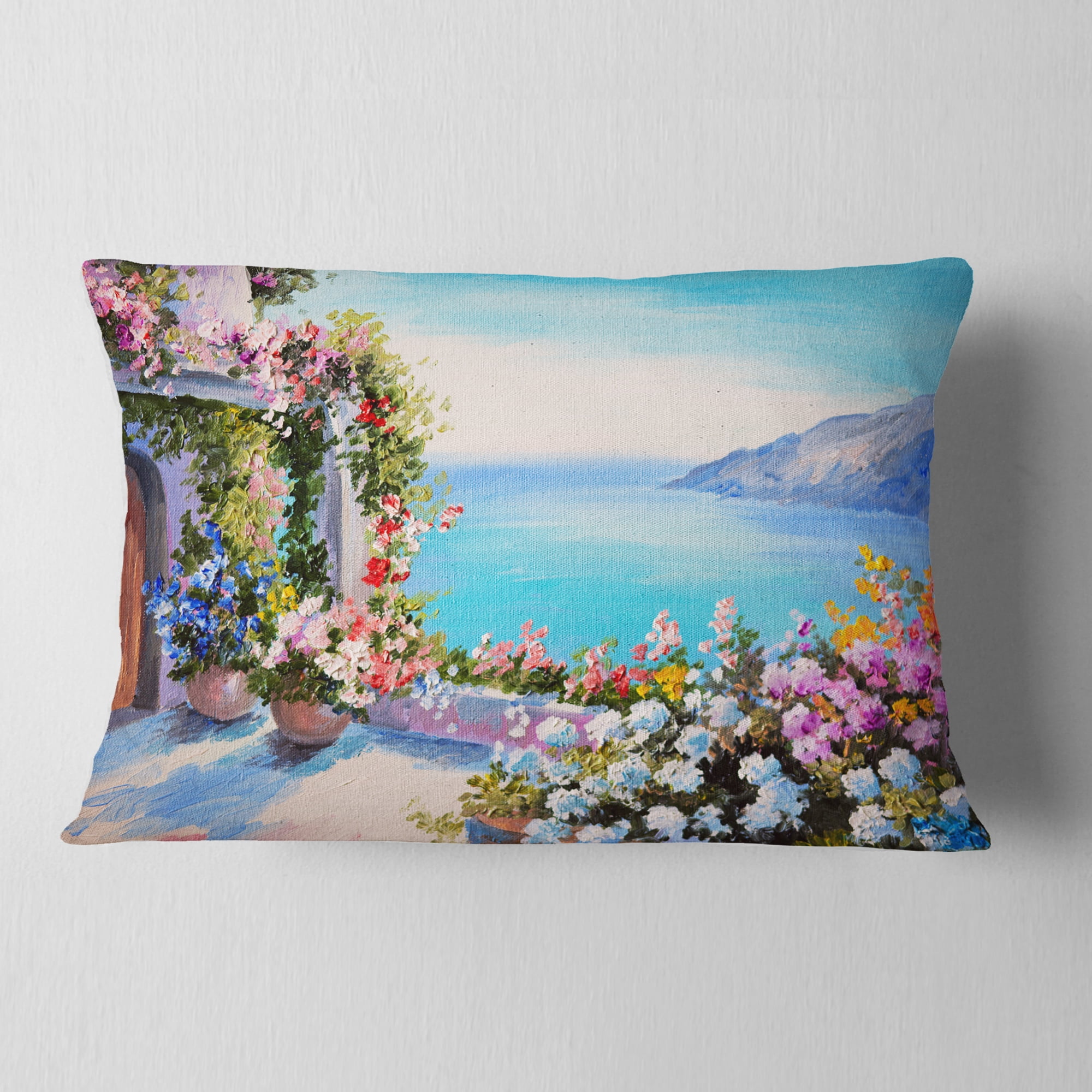 Designart Sea and Flowers - Landscape Printed Throw Pillow - 12x20