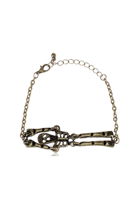 Antique Inspired Bronze Tone Skull Skeleton Halloween Link Bracelet