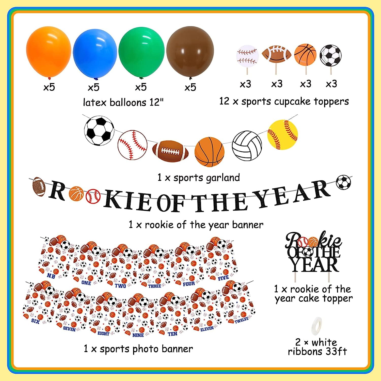 Rookie Of The Year Sports 1st Birthday Decorations - Banner, Cake Topper, Photo Garland, Balloons For Boys Party