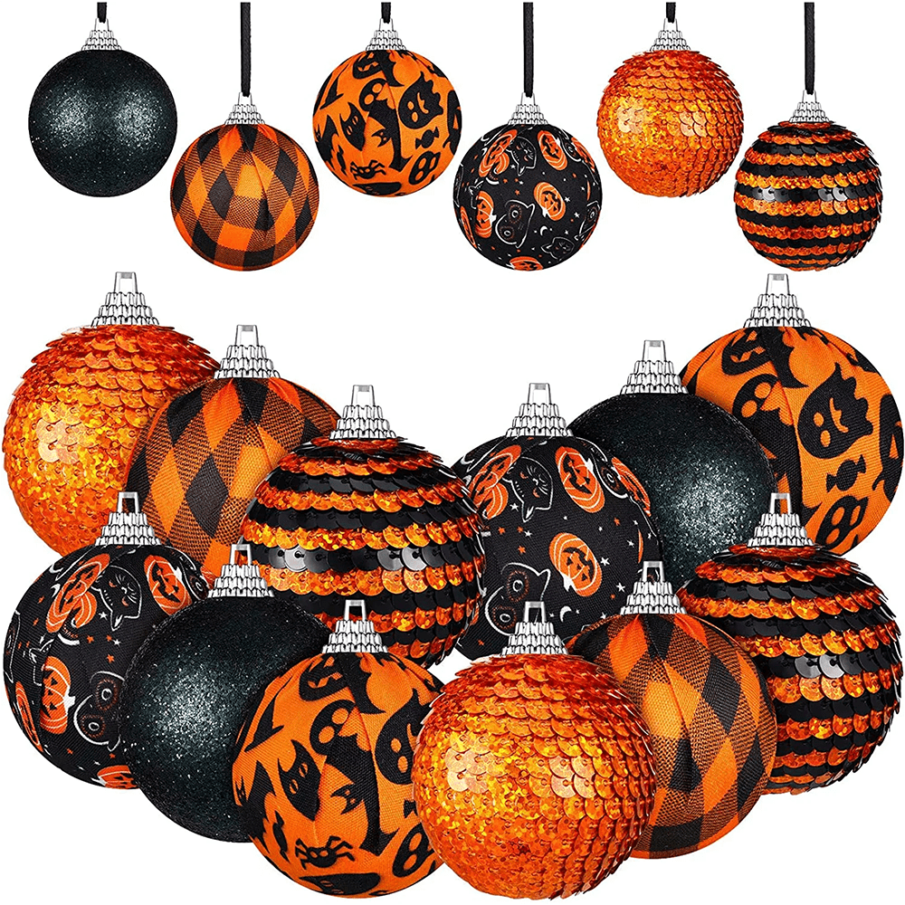12 Pieces Halloween Day Ball Ornament,Glitter Black Halloween Tree