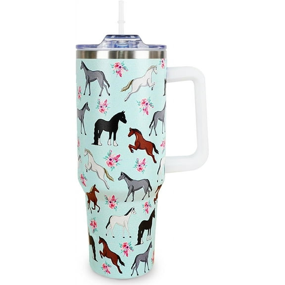 40oz Horse Tumbler with Straw and Handle - Leak Proof Travel Coffee Mug for Women, Equine Lovers, Horse Owners - Insulated Stainless Steel Gift Idea