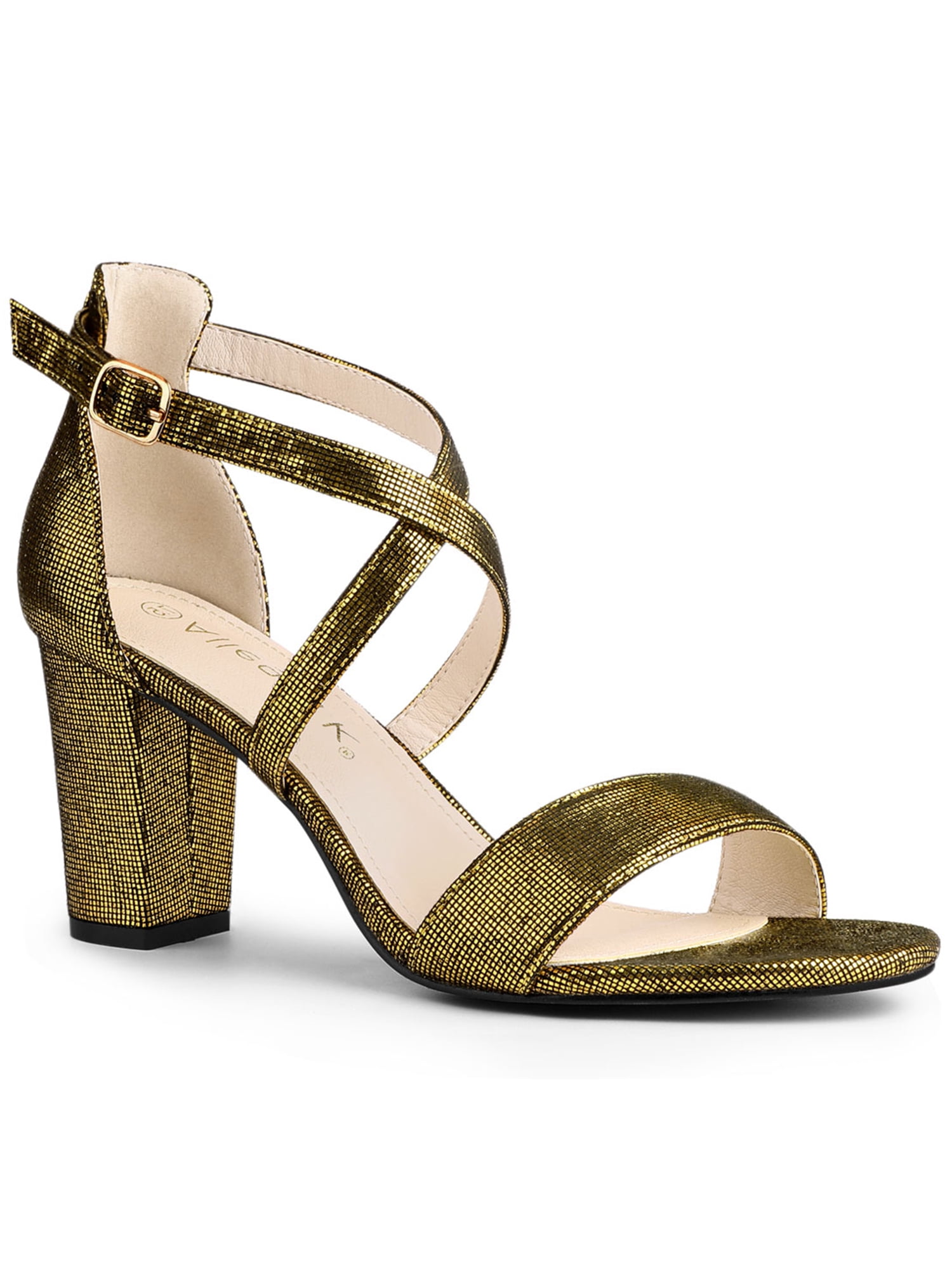 gold chunky heel sandals