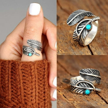 Tiitstoy Boho Feather Turquoise Adjustable Ring, Adjustable Stainless Steel Feather Ring Silver Wide Nature Leaf Ring, Thumb Ring for Women Men