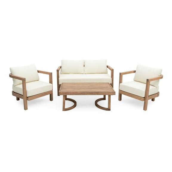 GDF Studio Aston Outdoor Acacia Wood 4 Seater Chat Set with Cushions, Beige and Brown Wash