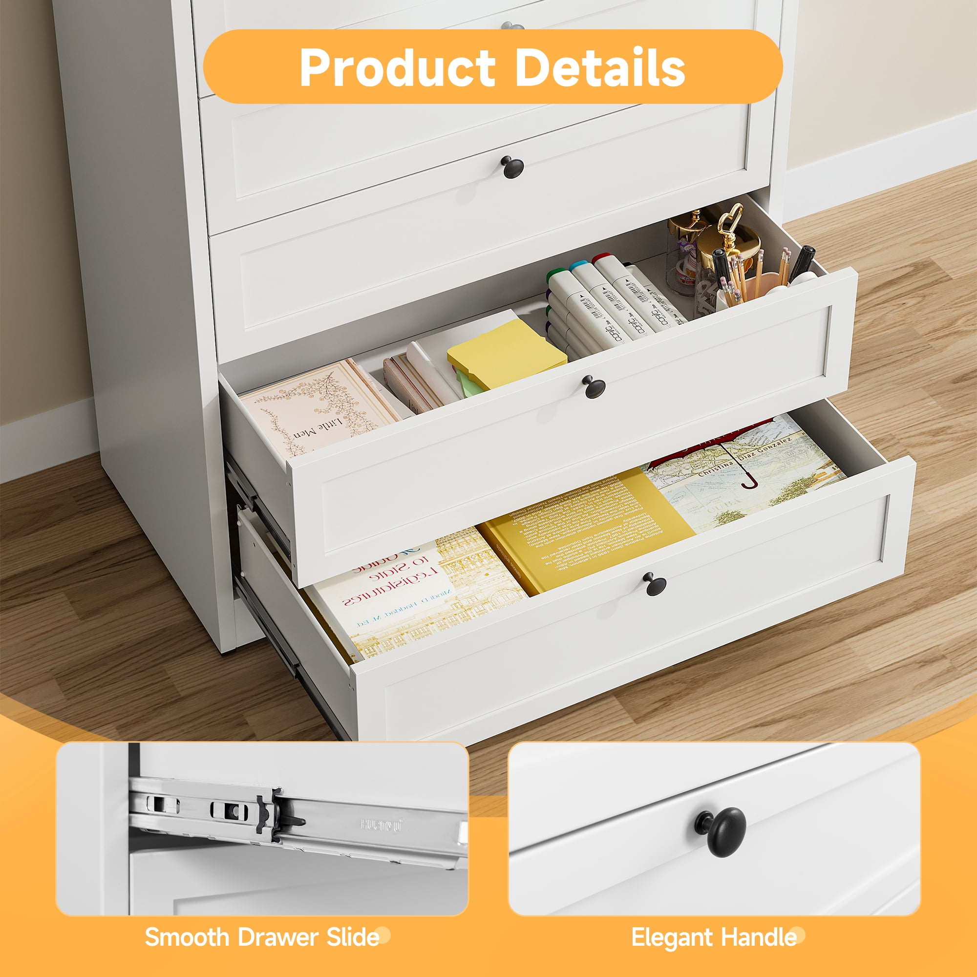 STANI 5 Drawer Dresser Storage for Bedroom, Metal Chest of Drawers Tall White Closet Organizers and Storage Clothes, 41" H Accent Storage Cabinet for Living Room, Entryway, Hallway