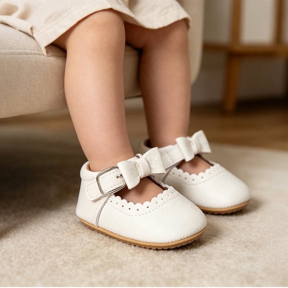 2026 Girls Mary Jane Flats Bow Non- Soft Sole Princess First Walkers Sneaker Wedding Dress Shoes(6-12 Months,White)
