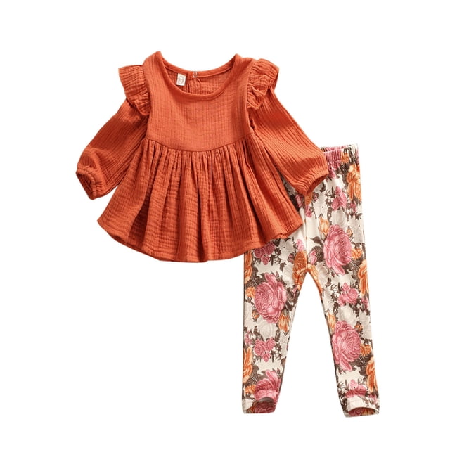 ZAXARRA Baby Girls Clothes Set Solid Color Long Sleeve Tops + Floral Long Pants
