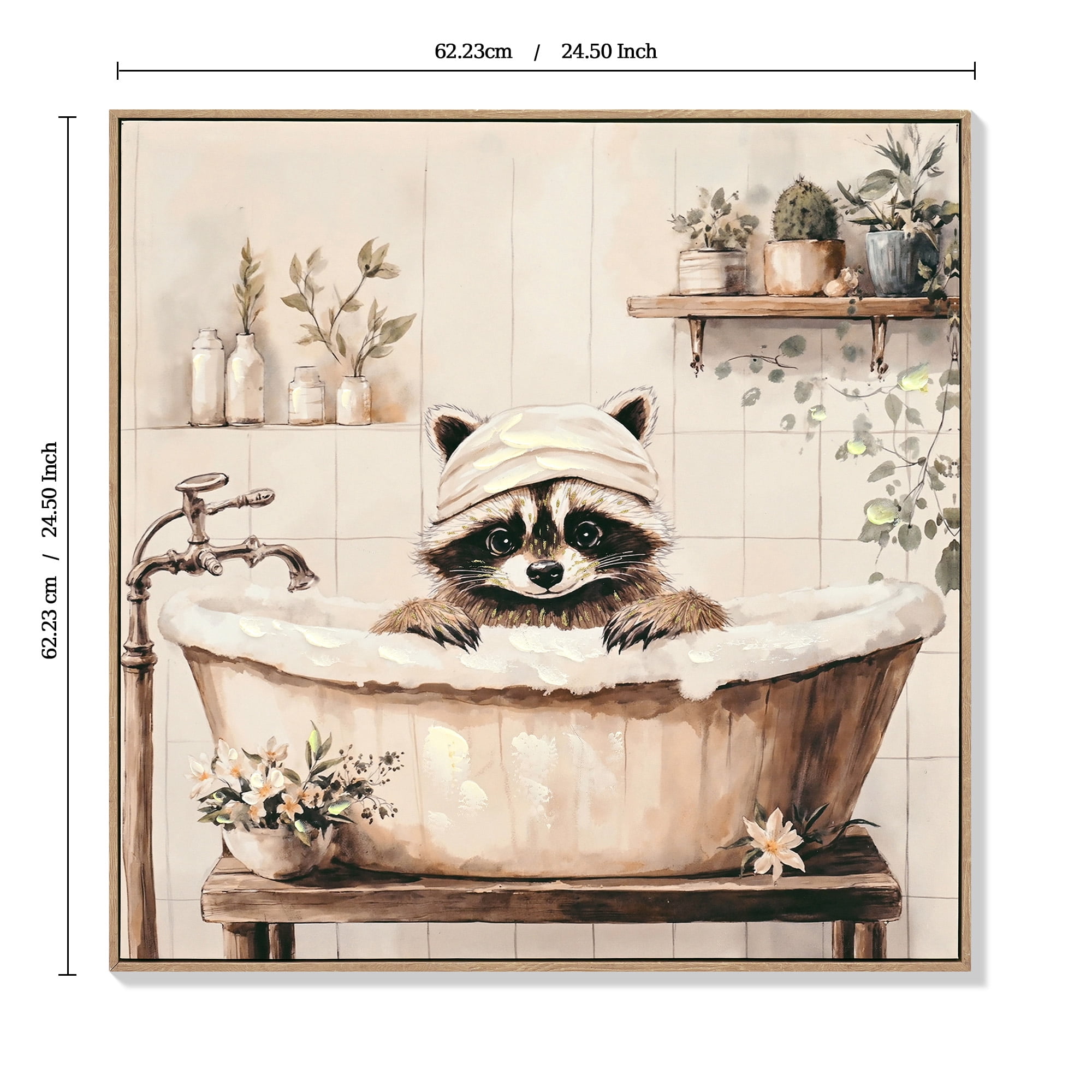 MOONMISS 24x24in Raccoon in Bathtub Canvas Print Framed Black White Funny Animal Bathroom Wall Art Home Decor