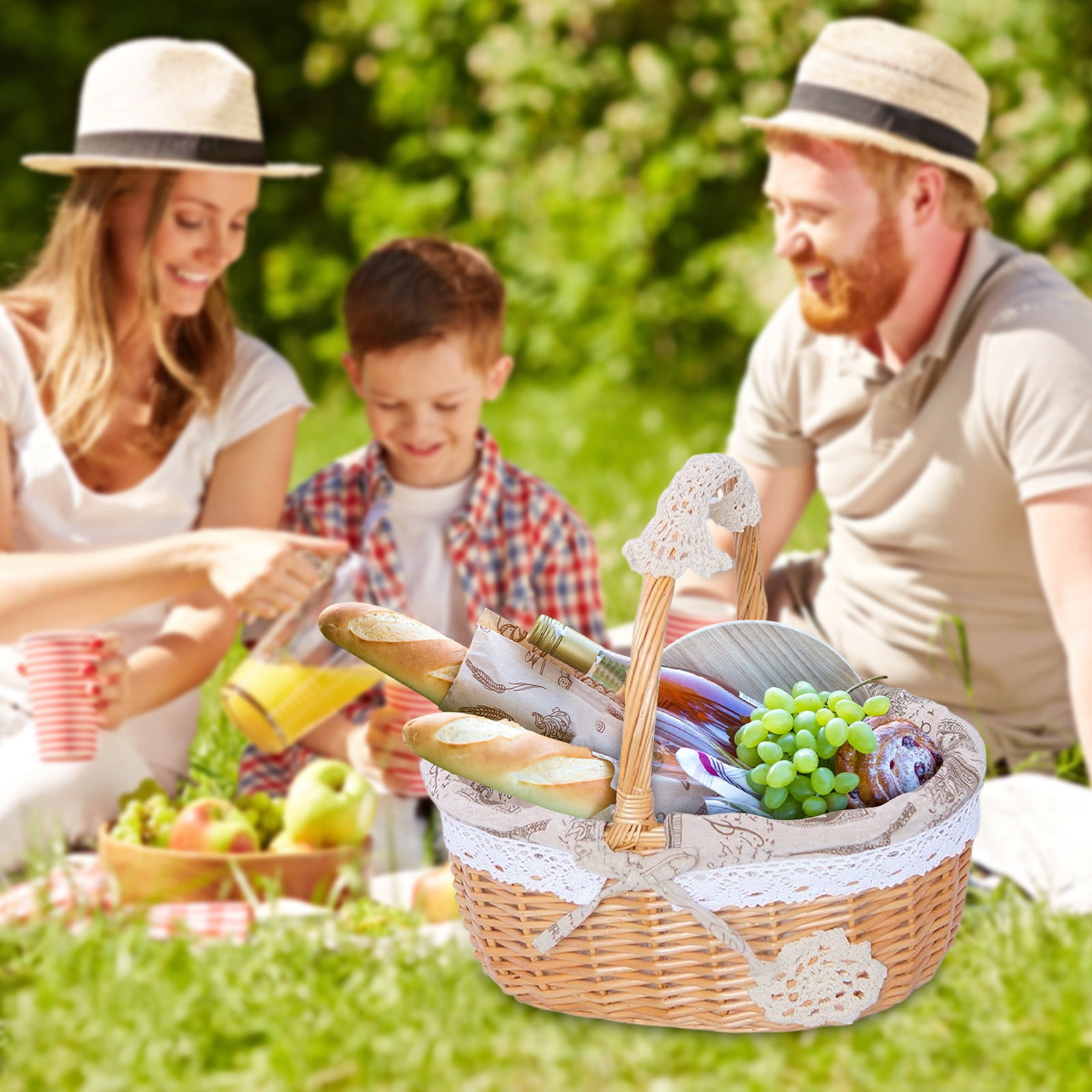 Wicker Picnic Basket with Removable Floral Liner, Suitable for Weddings, Holidays, Gardening, Valentine's Day, Easter, Parties, Celebrations, Oval Picnic Camping Outdoor Basket, 9.8 x 7.8 x 10.2 in