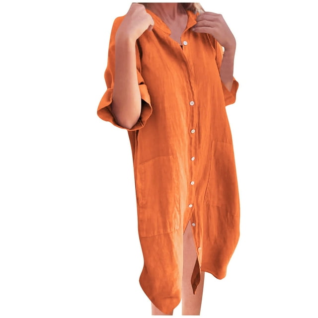 mtvxesu Robes d'Été pour Femmes, Robe Chemise Midi à Col Montant à Manches Courtes pour Femmes, Couleur Unie, Boutonnée avec Poches, Robe Chandail à Col en V